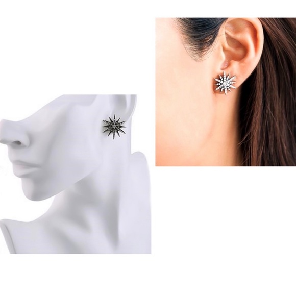 Antiqued Silver & Crystal Star Stud Earrings - Picture 4 of 8